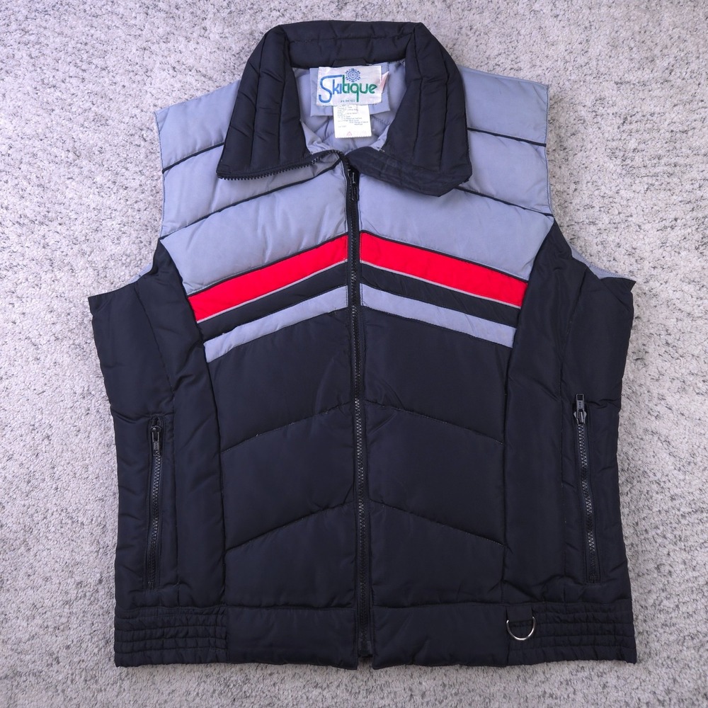 VTG SkiTique Down Puffer Vest Mens Large Gray Black Red Geometric 80s Ski